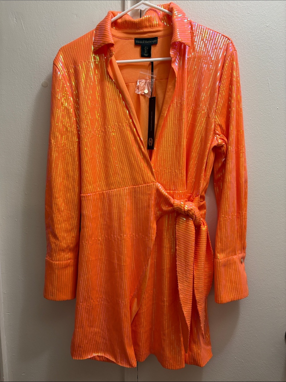 NWT House of Harlow 1960 Shimmering Sequin Orange Long Sleeve Dress Size S